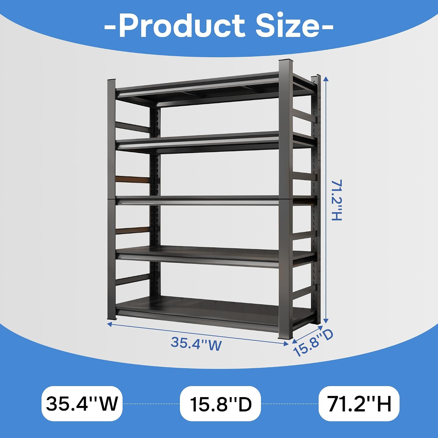 72" H Garage Shelving, 5-Tier Heavy Duty Storage Shelves with Fences, Adjustable Metal Shelving Unit, Utility Organizer Rack for Basement, Pantry, Kitchen, Warehouse,16" Dx36 Wx72 H, Black