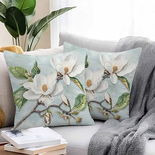 Miniatura 2 de Funda de almohada impermeable para exteriores, diseño de flores de magnolia blanca, fundas de cojín decorativas, con textura de pintura al óleo