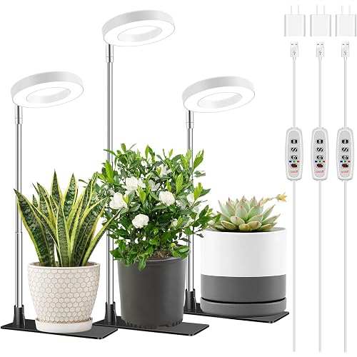 Aokrean Grow Light, Full Spectrum Plant Lights for Indoor Growing with with 3/9/12H Timer, 3 Color Modes, 10 Brightness, 6.5"-26" Height Adjustable Halo Grow Light with Base, 3 Pack(3.4in)