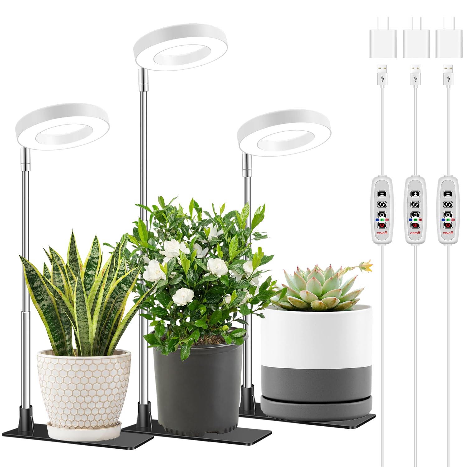 Aokrean Grow Light, Full Spectrum Plant Lights for Indoor Growing with 3/9/12H Timer, 3 Color Modes, 10 Brightness, 6.5'-26' Height Adjustable Halo Grow Light with Base, 3 Pack(3.4in)