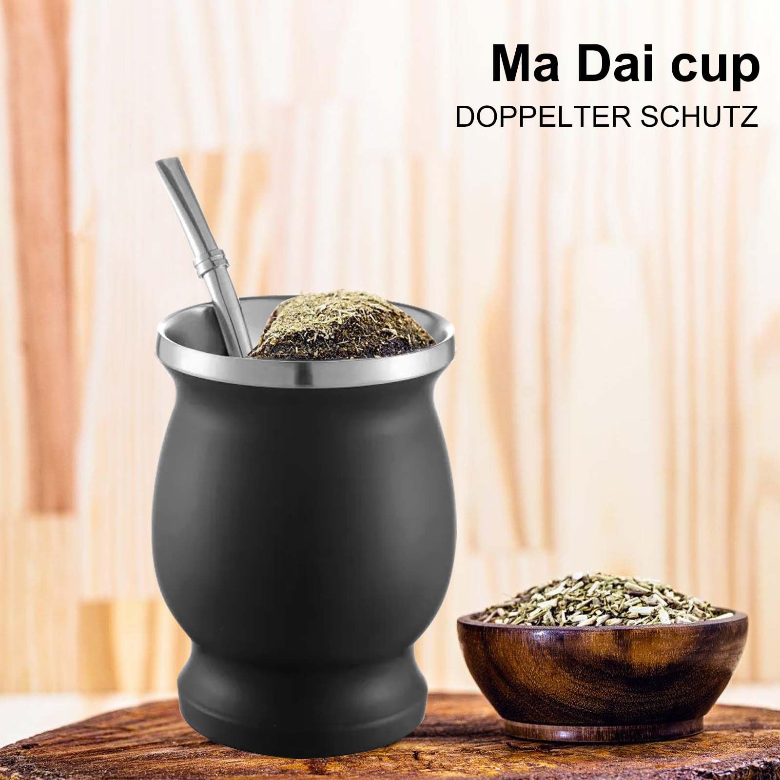 2 tazze Mate in acciaio inox, a doppia parete, set da tè Yerba Mate con cucchiaino e spazzola per la pulizia, isolamento termico per tè, caffè, latte e succo (nero)