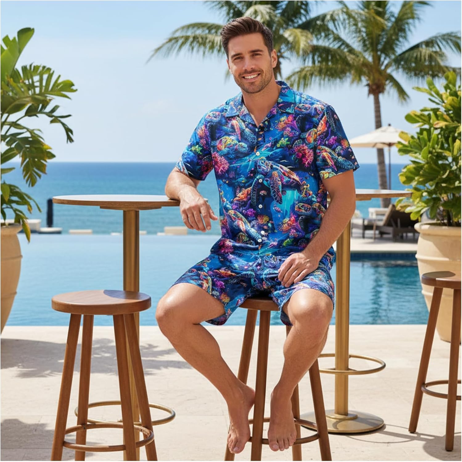 2 Piece Men's Hawaiian Outfits Shirts and Shorts Sets Button Down Funny Tropical Beach Party