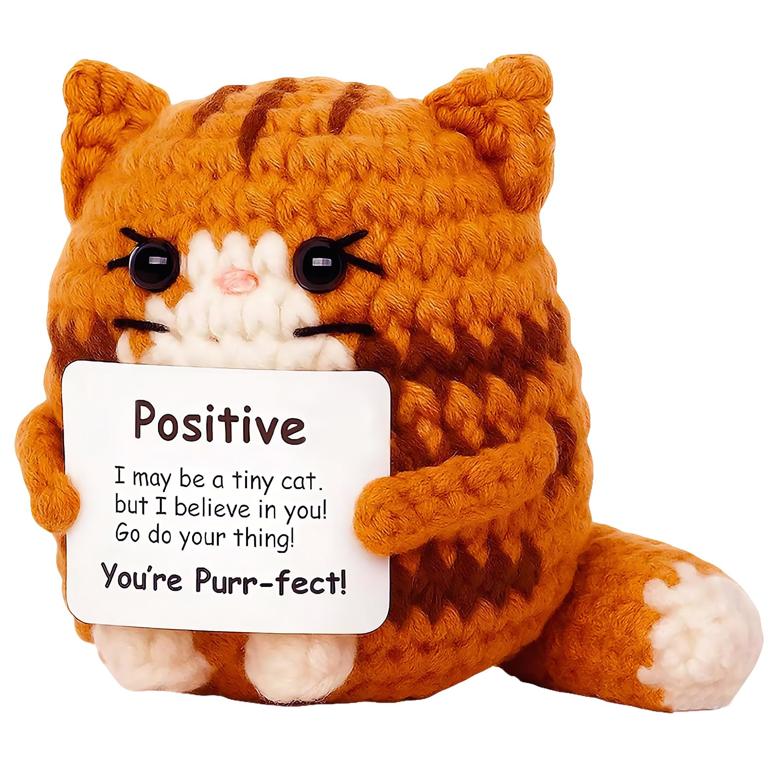 Xazuninsu Emotional Support Crochet Cat,Handmade Knitted Positive Cat with Card,Positivity Gifts for Women Men,Cute Home Office Desk Decor (Ginger)