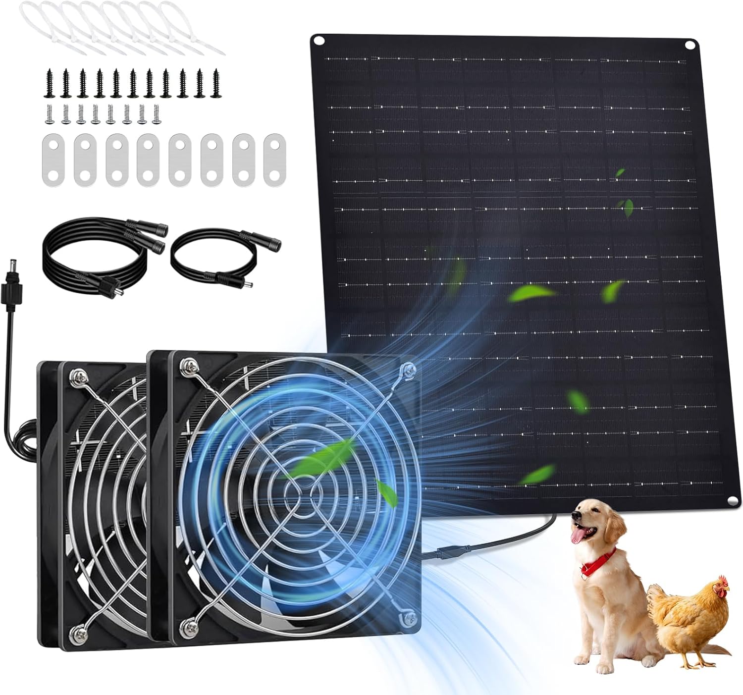 solar powered fan, 15w solar chicken coop fan,waterproof ventilation exhaust fan for outdoor shed chicken coops greenhouse doghouses pet house for intake or exhaust air cooling