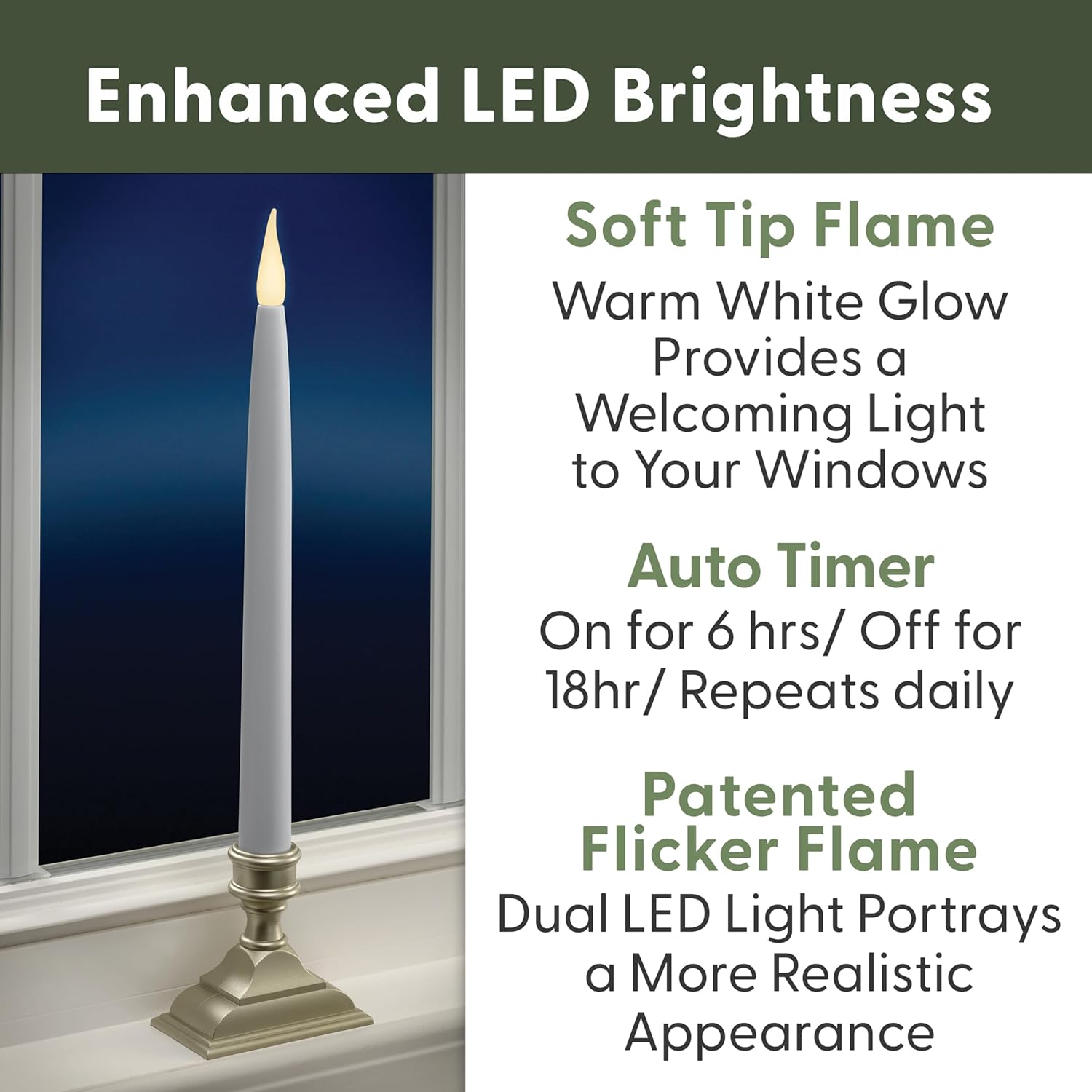 612 Vermont Battery Operated LED Taper Window Candles with Timer (6 on/18 Off), Patented Warm White Dual LED Flicker Flame, VT-1660P-4 (Pack of 4, Pewter)