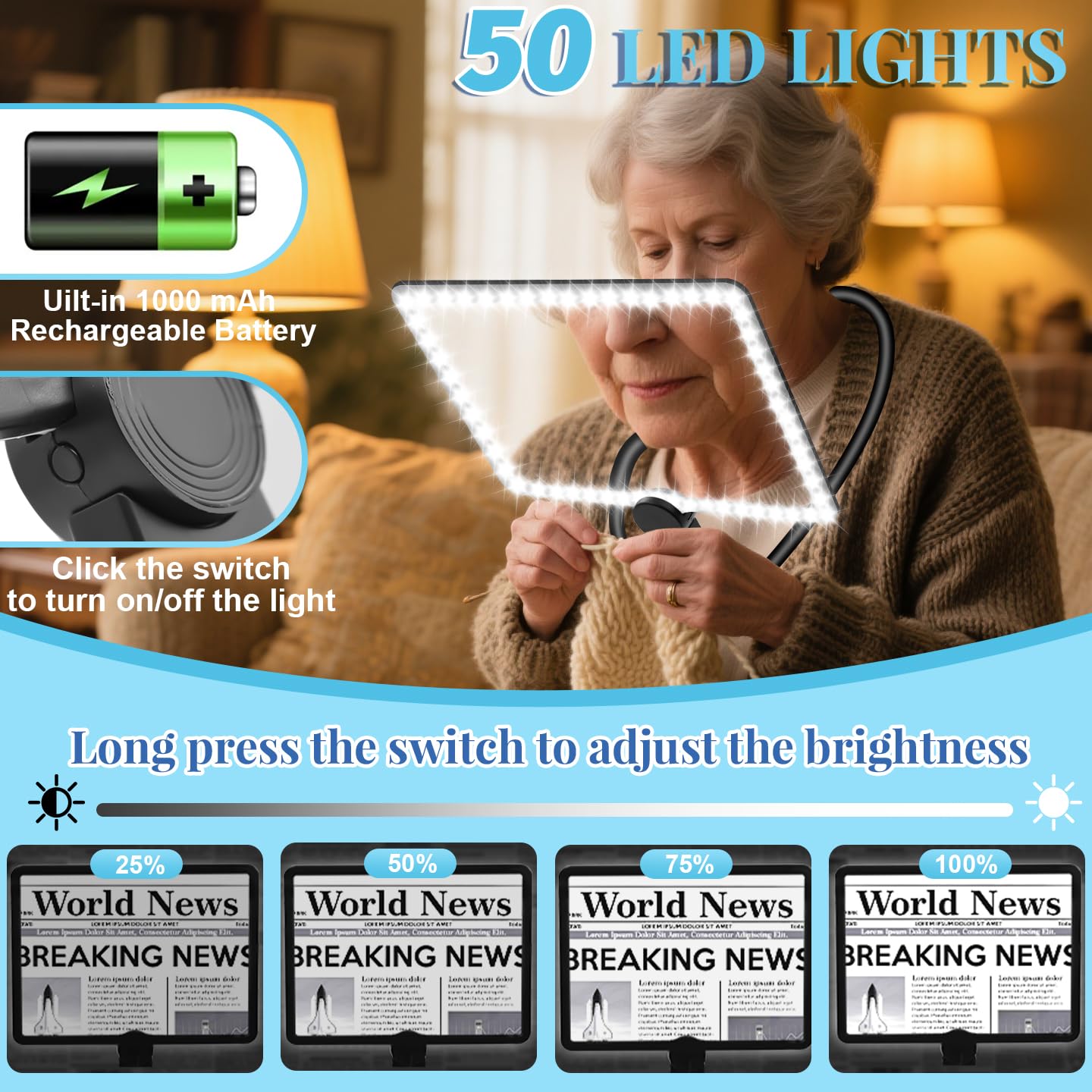 10 lupas grandes para leer con luz, lupa de página completa con brillo ajustable, 50 luces LED para leer, usar el cuello, lupas de lectura para personas mayores, bordado, tejido, baja visión