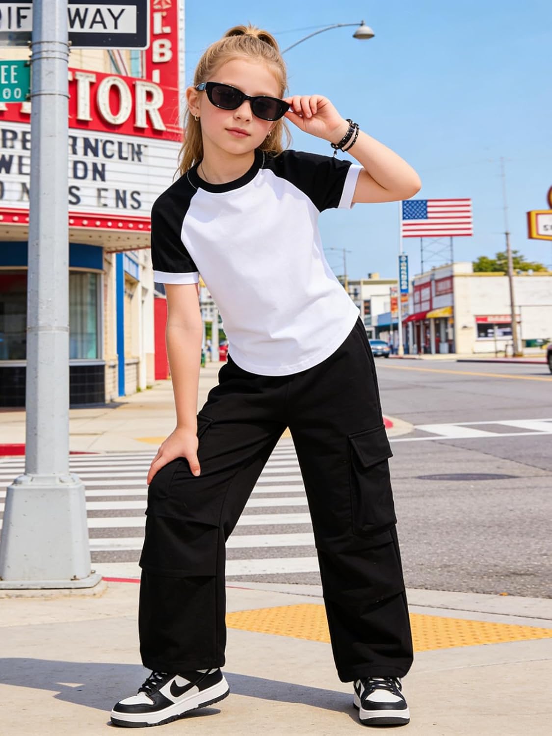 Girls Clothes Size 7-14Y Sets 2 Piece Color Block Short Sleeve Top Cargo Pants Spring Summer Outfits - Image 6