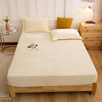 FCLDESHOP Easy Care Fitted Sheet,Thick Warm Solid Color Flannel Bed Sheets, Boys Girls Bedroom Animal Print Deep Pocket Mattress Topper Bed Cover,Beige,120cm200cm