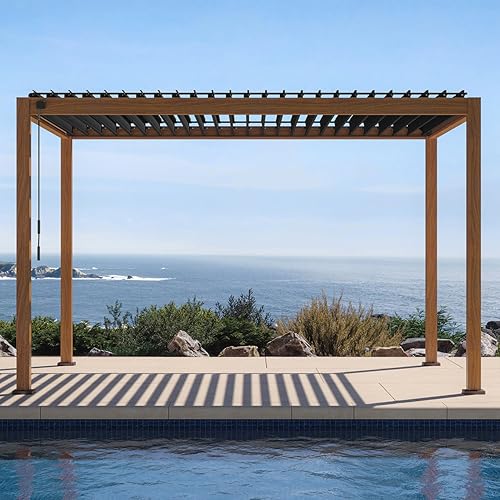 MIRADOR 111S Takasho Louvered Pergola 10x13 Wood Grain Outdoor Aluminum Pergola with Adjustable Rainproof Roof Full Aluminum Frame Ideal for Outdoor Deck Garden Patio Durable, Cherry Oak