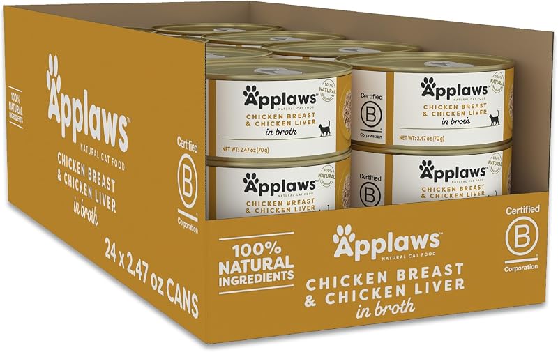 Ração úmida para gatos Applaws com peito de frango e fígado em caldo – Pacote com 24 latas de 70 g