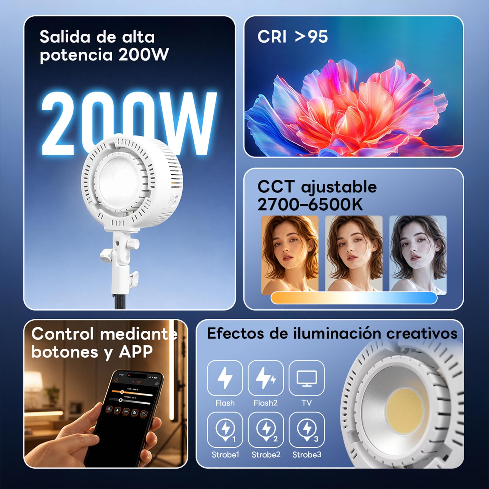 DF DIGITALFOTO Luz de video LED COB bicolor de 200 W, CRI 95+, 2700 K-6500 K, luz de relleno de fotografía regulable con soporte Bowens estándar, para retratos, fotografía de naturaleza muerta para