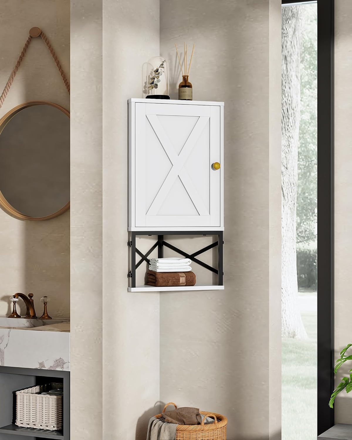 Bathroom Wall Cabinet, Corner Medicine Cabinet, Wall Mount Corner Cabinet for Bathroom with Open Shelf and Adjustable Shelf, Space-Saving, for Bathroom, Kitchen, Living Room, White and Black