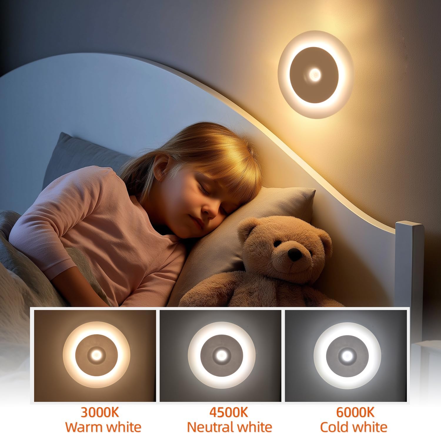 DAMI Rechargeable Motion Sensor Night Light Indoor, 1200mAh LED Closet Light with 3 CCT (3000K/4500K/6500K), Dimmable, Magnetic Stick-On Stair Lights for Hallway, Bedroom(2 Pack)