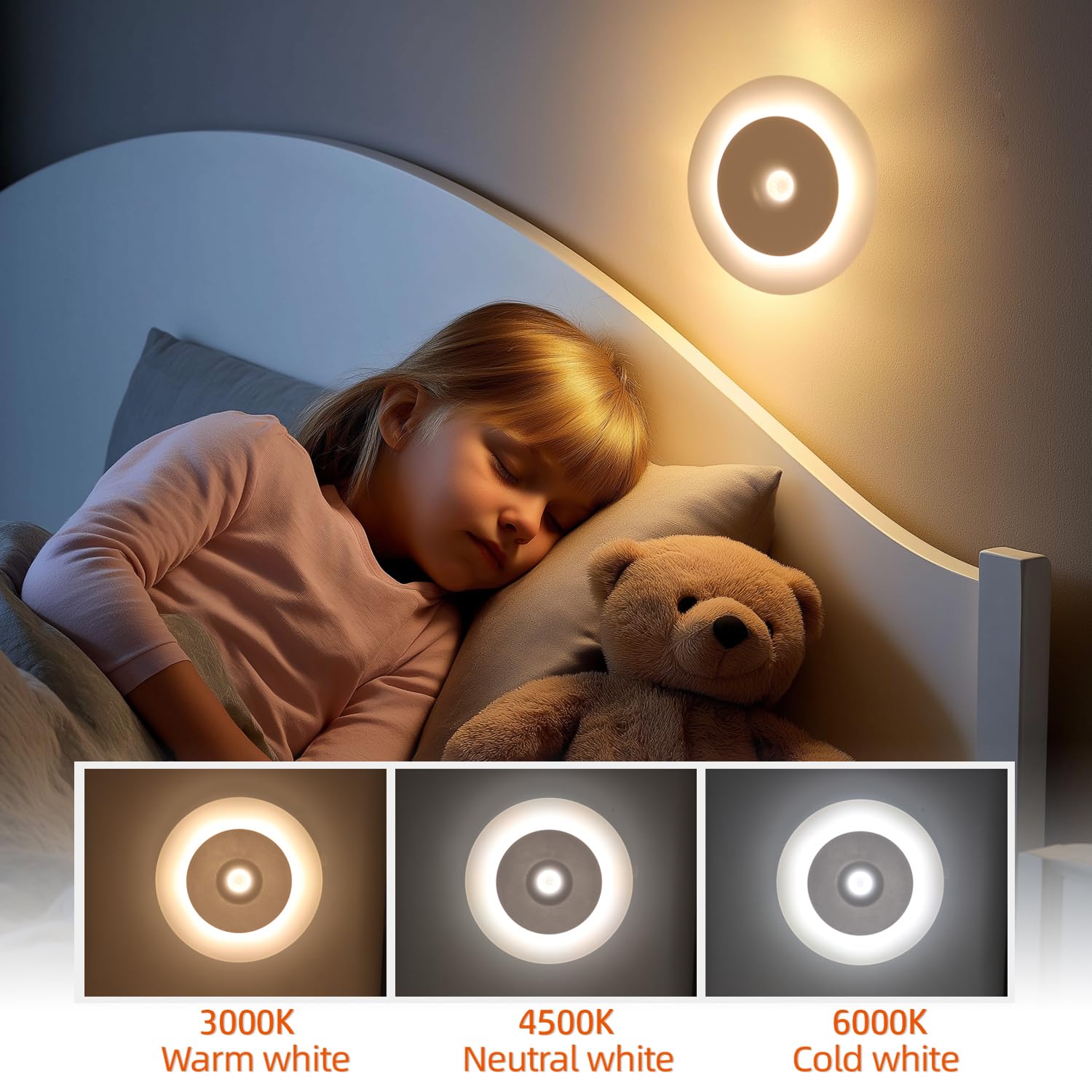 DAMI Luz nocturna recargable con sensor de movimiento para interiores, luz LED de 1200 mAh con 3 CCT (3000 K/4500 K/6500 K), regulables, magnéticas, para escaleras, pasillo, dormitorio (paquete de 2)