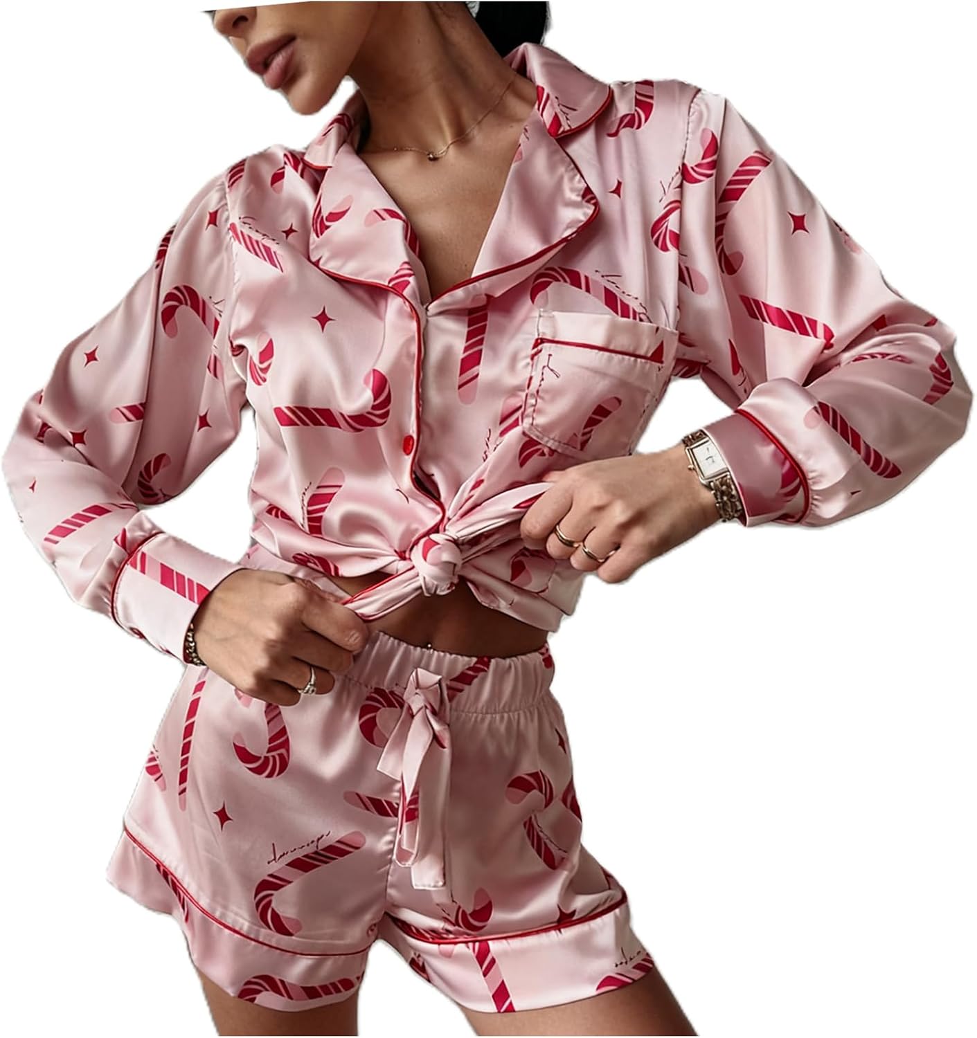 Tenopuli Women Christmas Pajamas Shorts Set 2 Piece Long Sleeve Button Down Shirt Cute V Neck Candy Cane Lounge Sleepwear