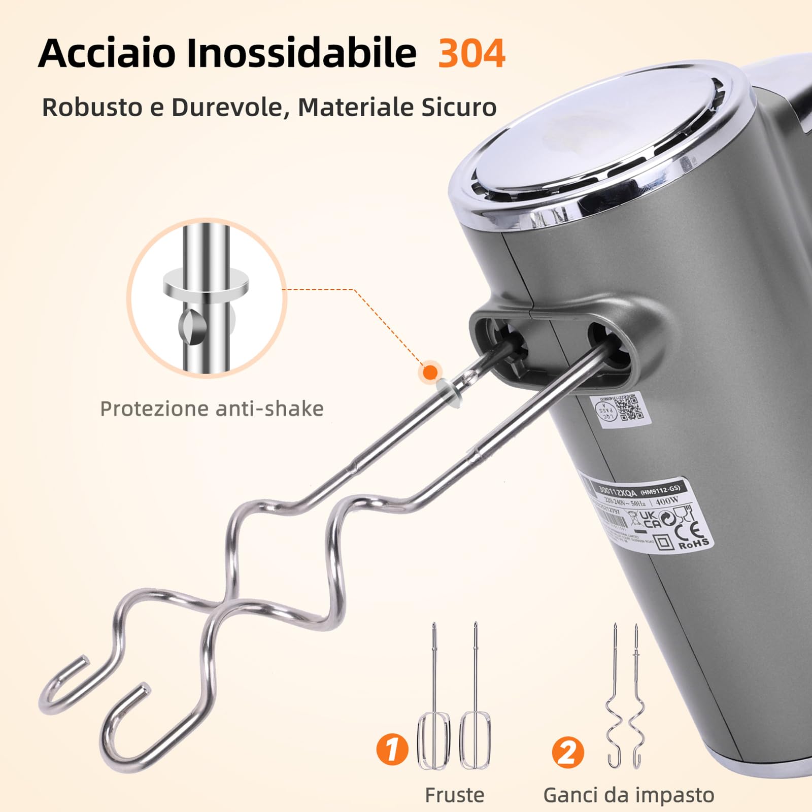 Aigostar Adela - Sbattitore Elettrico, Potenza di 400 W, 5 Velocità Regolabili e un Pulsante Turbo, una Staffa Portaoggetti, 2 Fruste e 2 Ganci. Color Argento