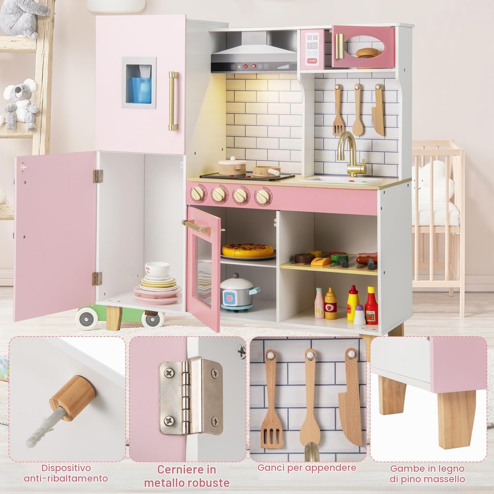 HOMASIS Cucina Giocattolo per Bambini in Legno, Cucina Bambina con Macchina per Fare Gelati, Set da Cucinetta con Luci e Suoni per Bambini dai 3+ Anni, 92x30x98cm (Rosa)