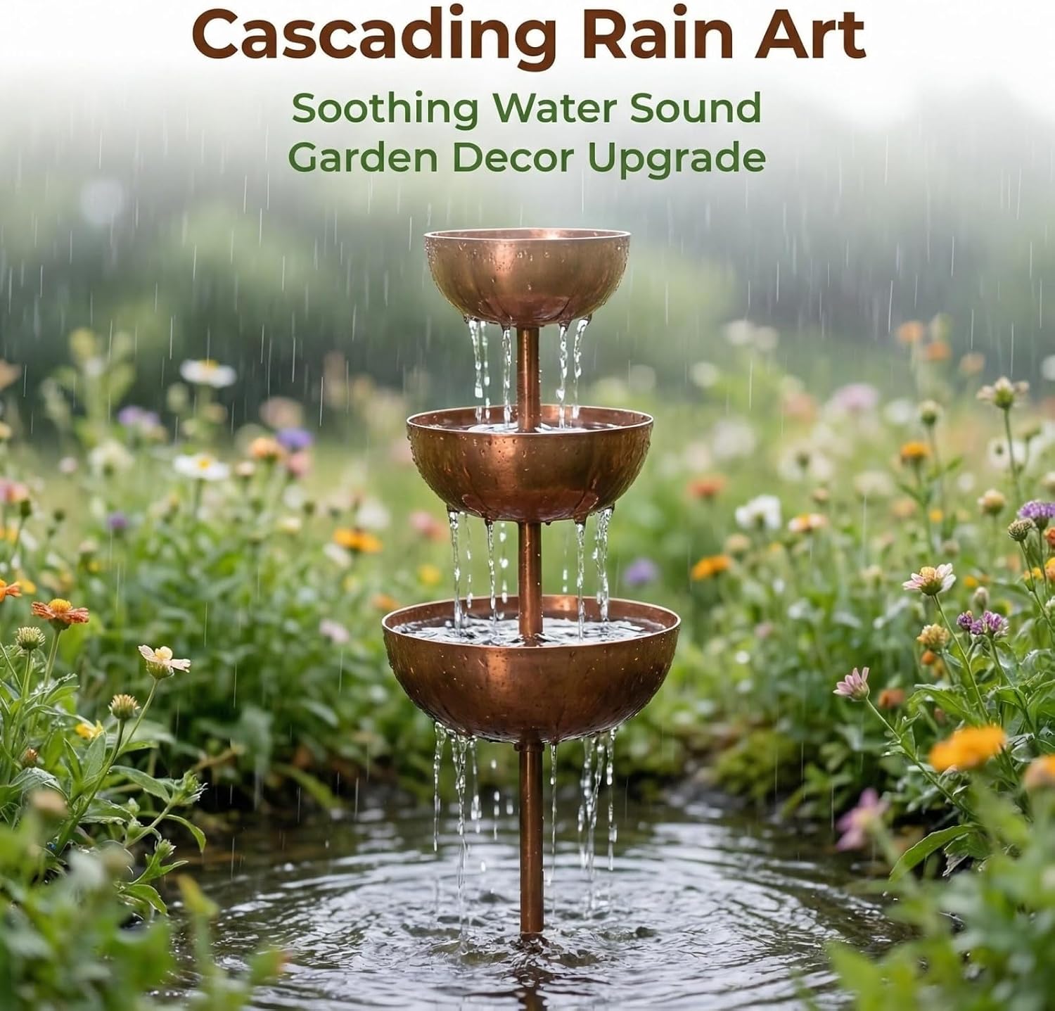 Rain Catcher - Plant Support Metal Garden Ornament, 3-Tiered Rain Catcher Garden Stake with Water Bowls, Bird Bath & Bee Watering Station,for Patio Lawn Garden Path & Pond Art Decor