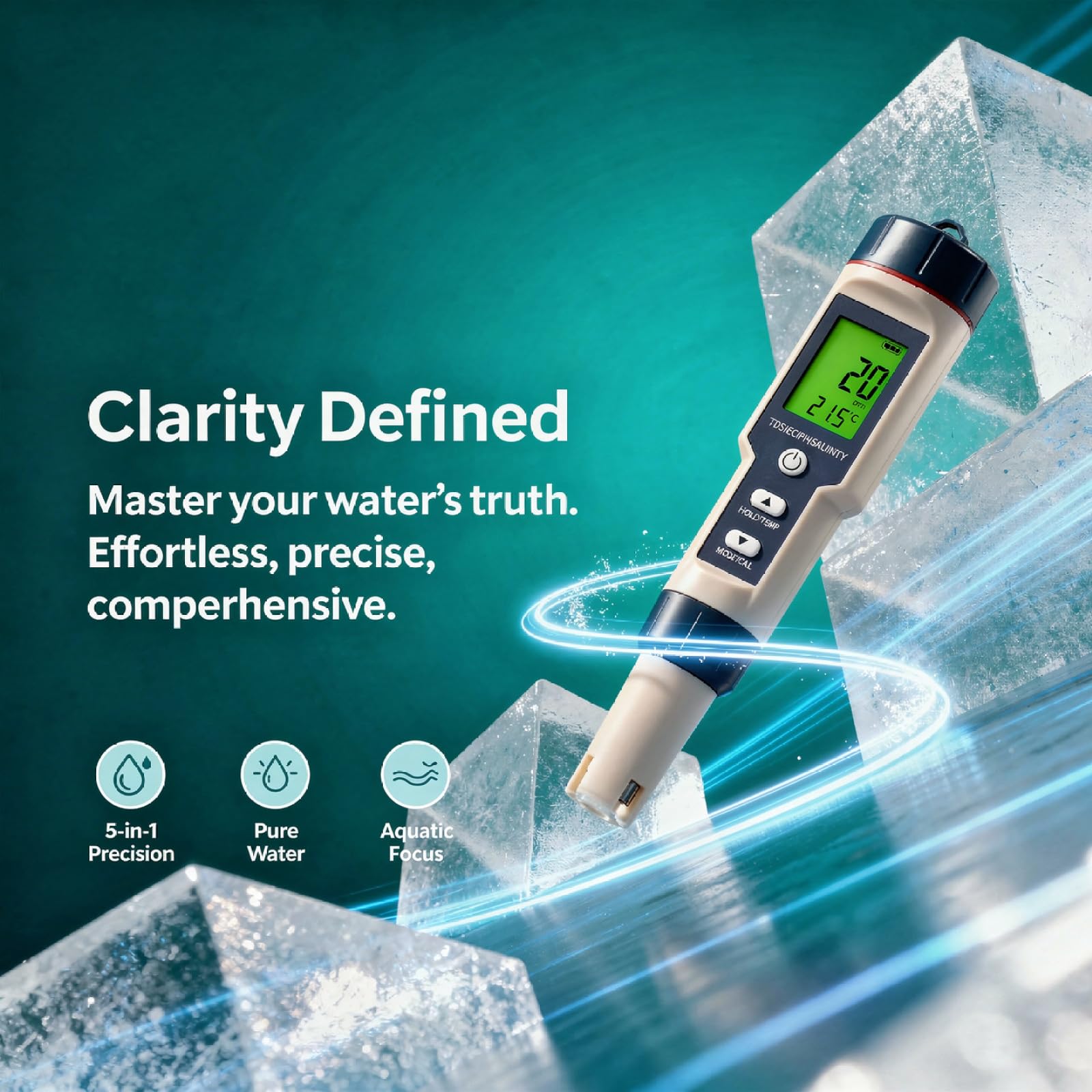 Misuratore di qualità dell'acqua 5 in 1, misuratore di pH digitale e tester di salinità, misuratore di temperatura TDS con grande LCD, ± 0,05 pH ad alta precisione, polveri di calibrazione