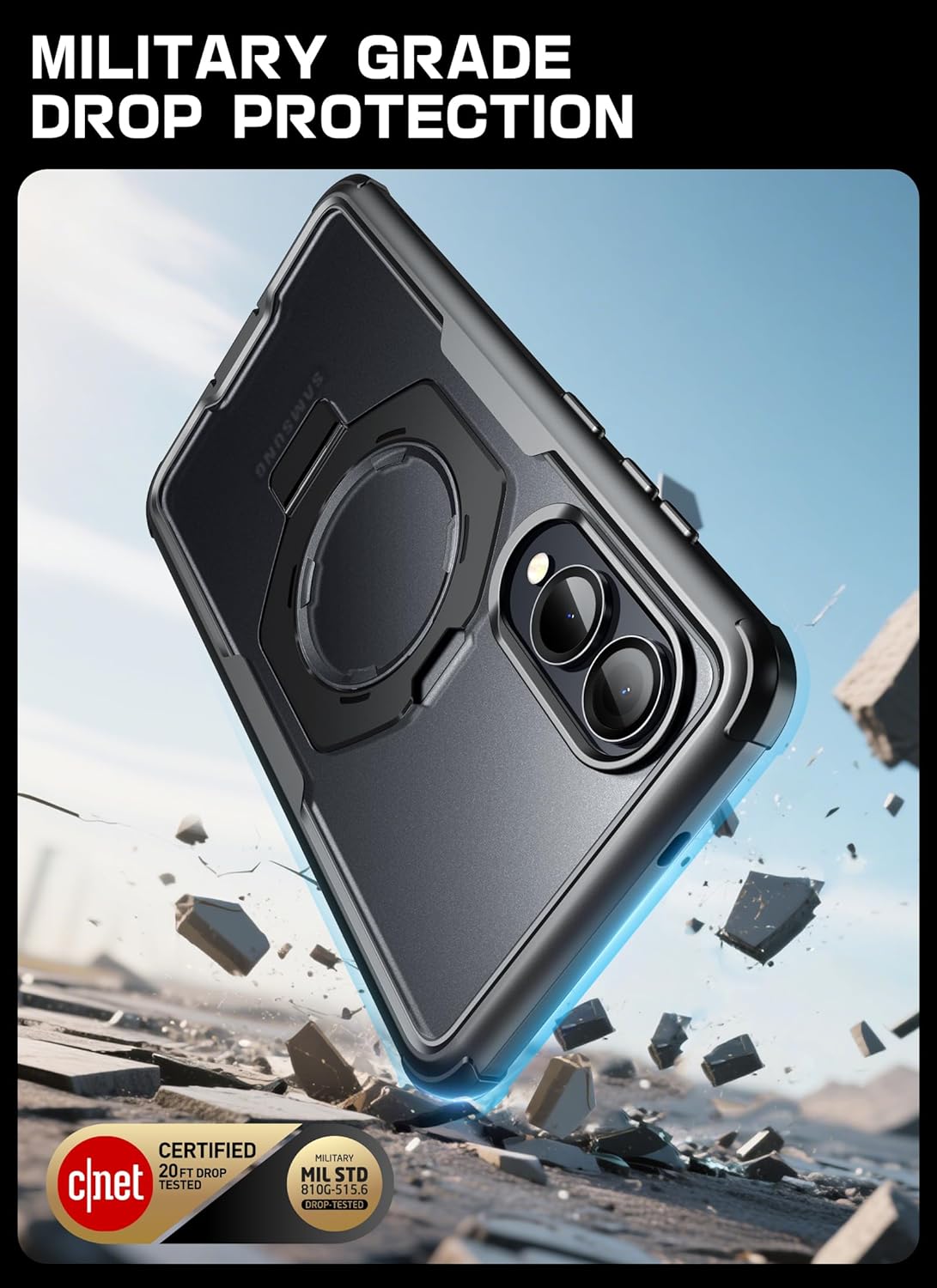 i-Blason for Samsung Galaxy S25 Edge Case MagSafe with Stand & Ring Holder [Built-in Screen Protector] [Military- Grade Drop Protection] Full-Body Heavy Duty Magnetic Phone Case 6.7'', Black Clear