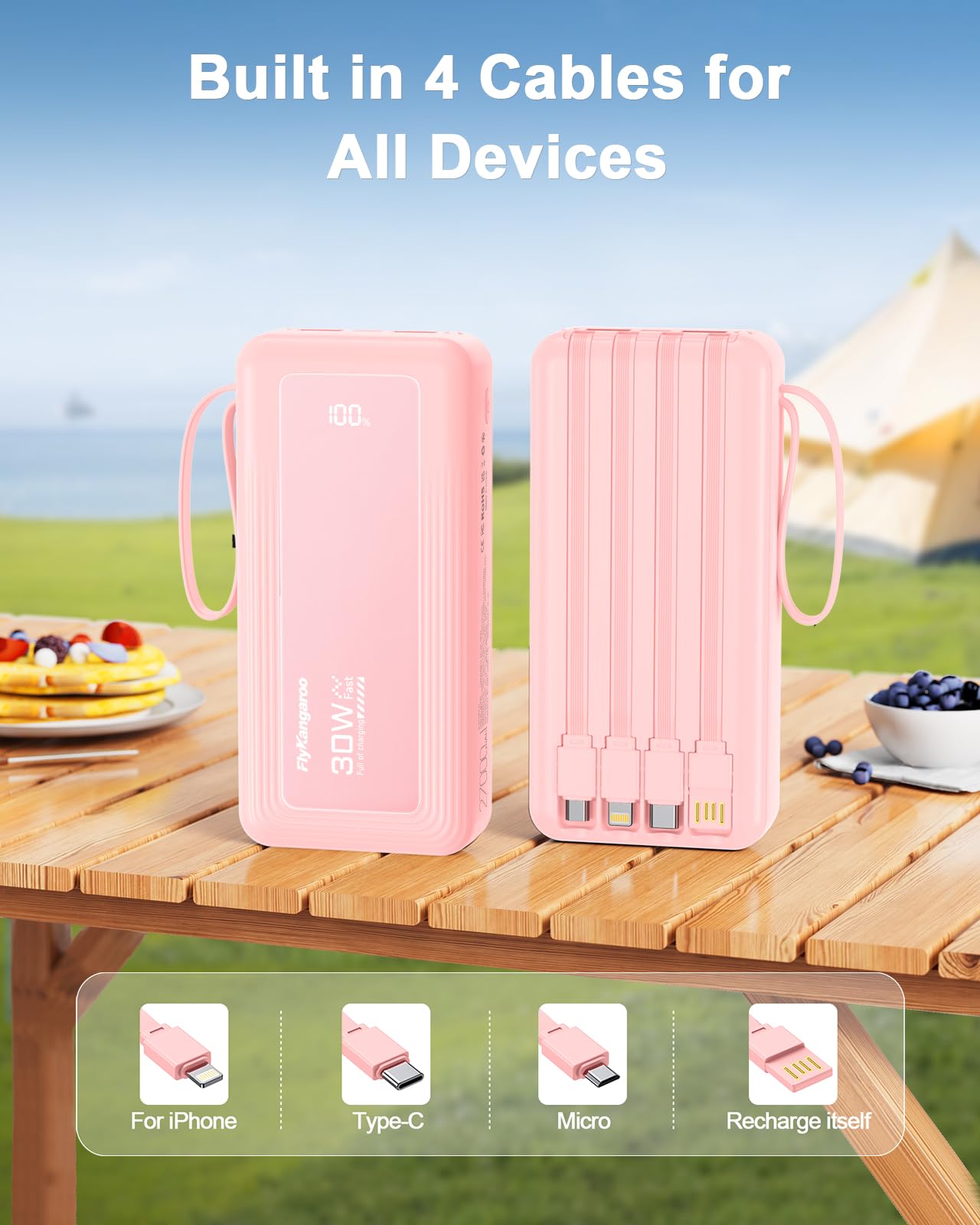 Caricabatterie portatile con cavi integrati, sottile 10000 mAh, ricarica rapida da 22,5 W, USB C, display a LED, 6 uscite e 2 ingressi per iPhone, Samsung, Pixel, LG, Moto, iPad