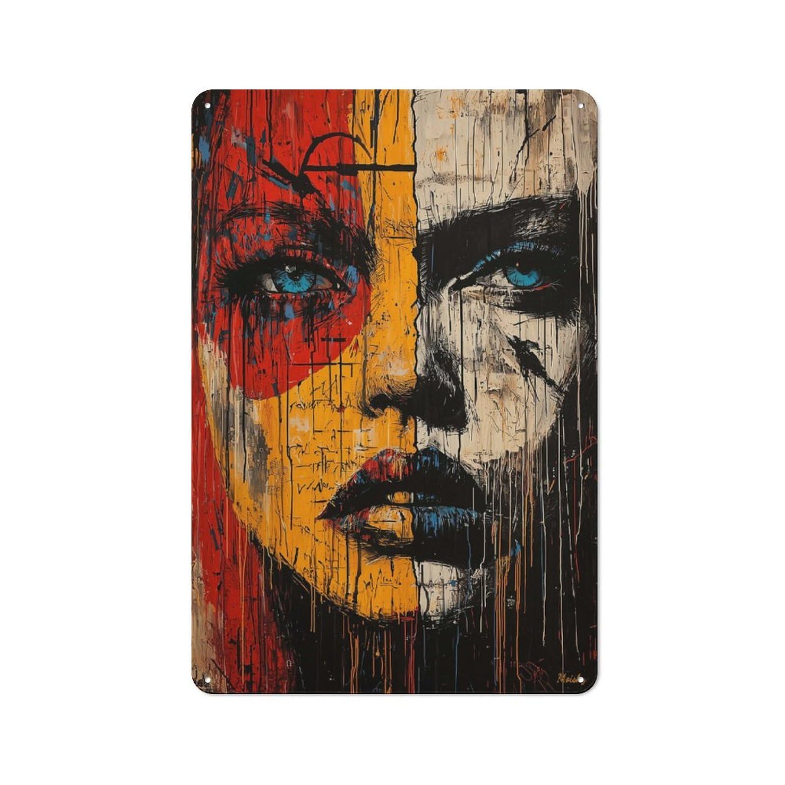 Tin Wall Plaque 30x20cm with Fragmented Expression Neoexpressionist Portrait for Living Room Or Hallway, A Decorative Christmas Gift for Home Wall Decor Collectors