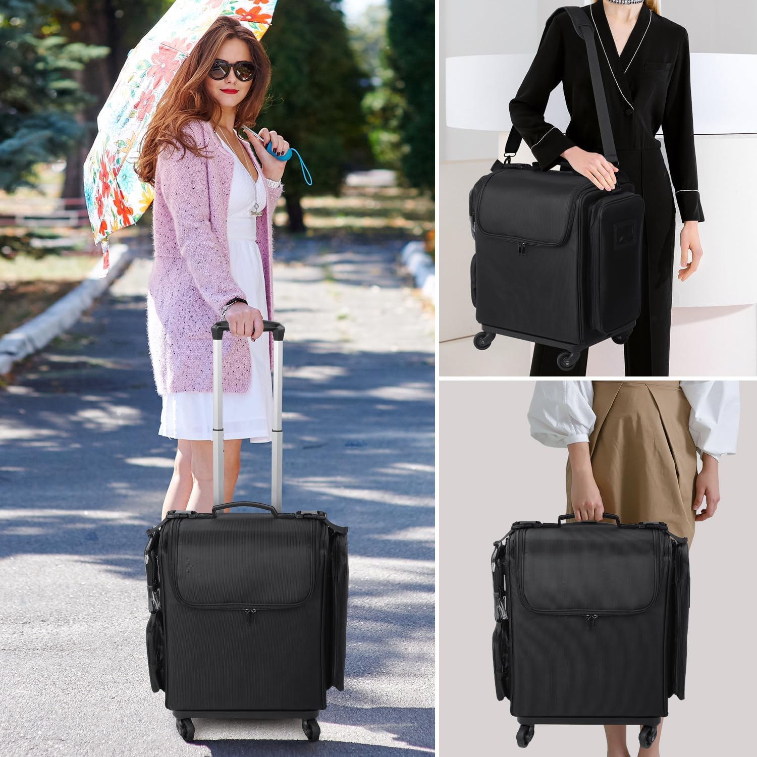 Rolling Makeup Train Case, Hairstylist Traveling Bag with 4 Wheels