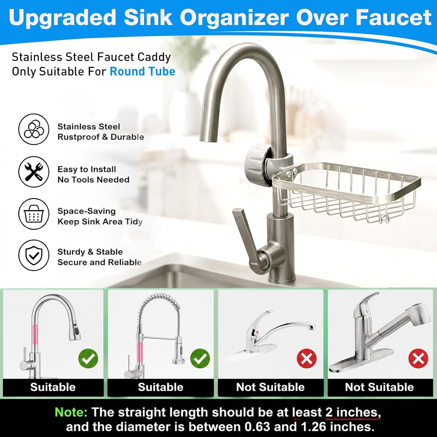 Kitchen Sink Sponge Holder over Faucet Caddy Organizer for Round Faucet