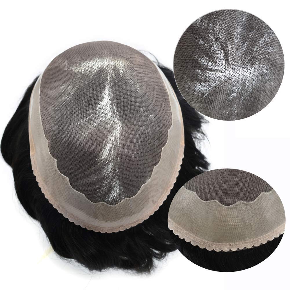 Toupee for Men Human Hair Replacement System Fine Mono Hairpiece Poly Skin NPU Around Durable Monofilament Mens Wig Hair Unit with Scallops Front Natural 6"X9", #1 Jet Black-110% Light to Medium Density