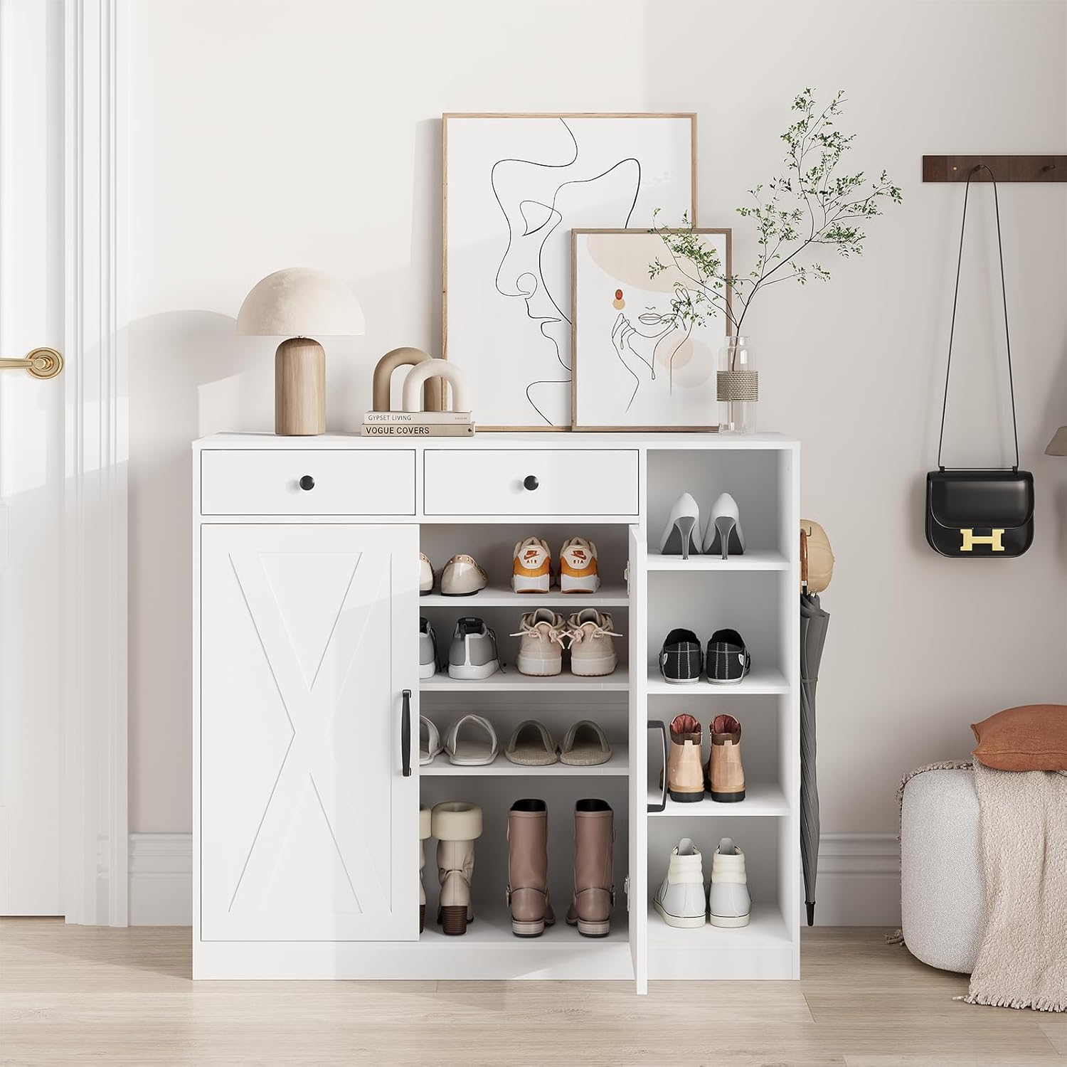 Farmhouse Shoe Cabinet with 2 Barn Doors & 2 Drawers, 4 Adjustable Shelves Shoe Storage Organizer Cabinet, Hooks & Open Storage for Hallway, Entryway, Mudroom, Closet, White