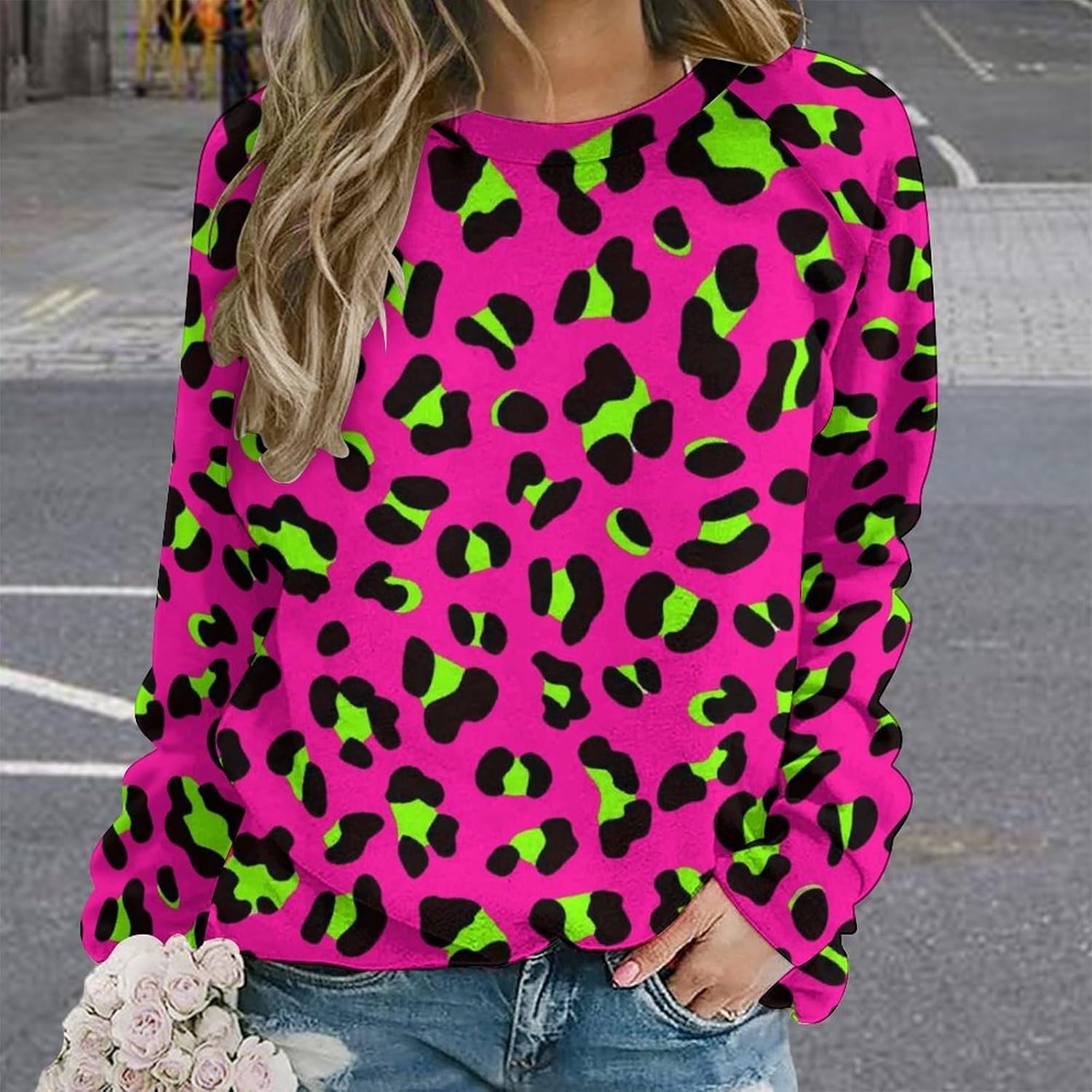 Pride LGBTQ Transgender Symbol With Neon Zebra Womens Crewneck Sweatshirt Long Sleeve Casual Loose Fitting Tops