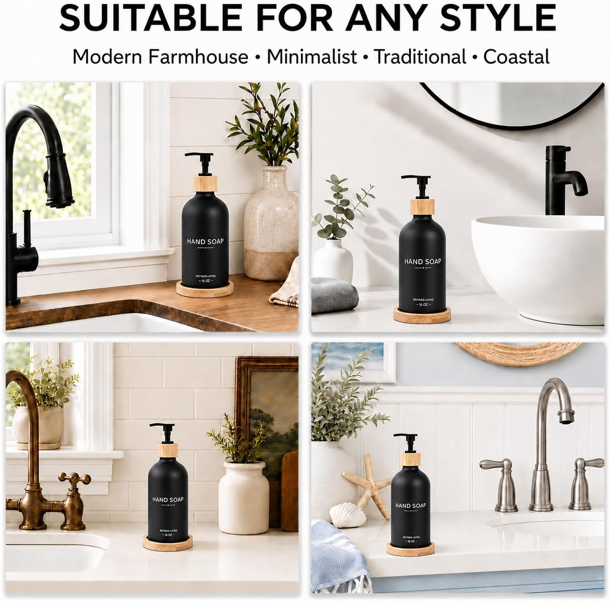 Dish Soap Dispenser, 16OZ Glass Kitchen Soap Dispenser with Bamboo Tray & Pump, Refillable Hand Soap Dispenser for Kitchen Countertop - Farmhouse & Minimalist Decor image 3