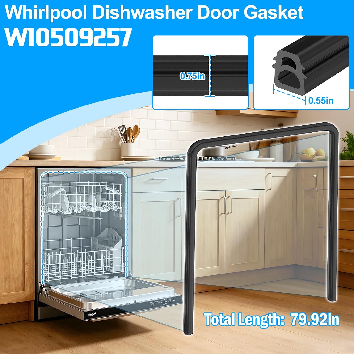 Upgraded W10509257 Dishwasher Door Gasket Compatible with Whirlpool Dishwasher Door Seal Replacement 3368994 3376927 W10082795 WPW10509257 Kenmore Maytag Dishwasher Door Seal