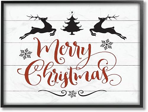 The Stupell Home Décor Collection Merry Christmas Reindeer - Arte enmarcado en blanco y rojo, fabricado con orgullo en Estados Unidos, multicolor de