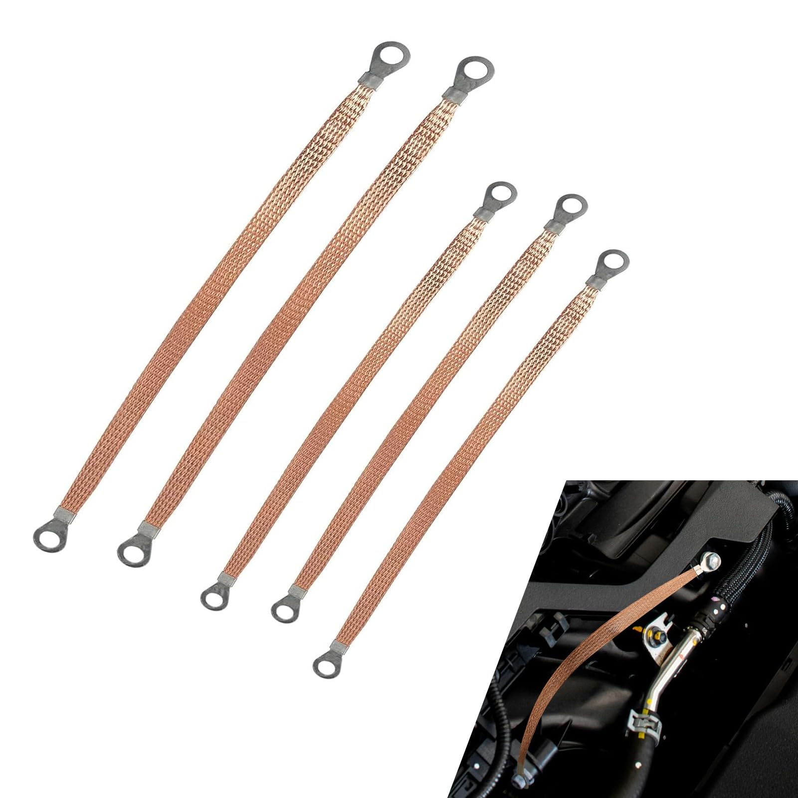 5 PCS Automotive Ground Straps, 10/13 Inch Pure Copper Braided Engine Ground Strap, Flexible Tensile-Resistant Grounding Cable Straps, Universa for Most Vehicles (Gold)