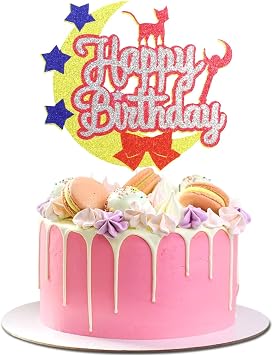Moon Cat Happy Birthday Cake Topper - Moon Girls Sailor Birthday Party Glitter Cute Cat Cake Supplies - Pink Girl Happy Birthday Party Decoration