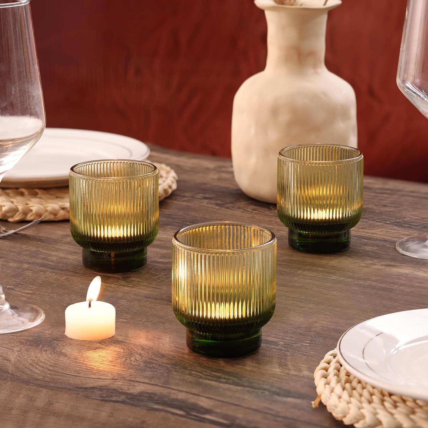 Green Votive Candle Holders Set of 6-2.55" x 3" Gradient Tea Lights Candle Holders Glass with Stylish Ribbed Design, Large Votive Holders for Wedding Centerpieces, Christmas, Vintage Party Home Decor
