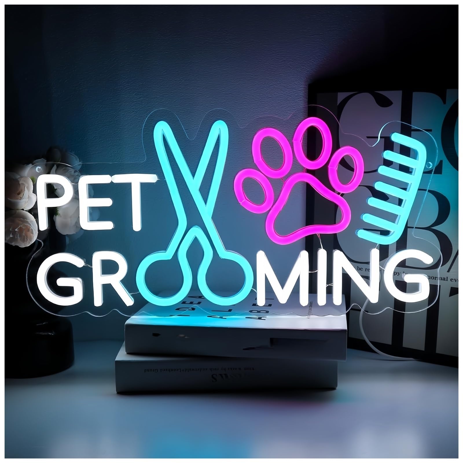 Polvane Neon Sign Pet Grooming Neon Sign Dimmable LED Light for Shop Dog Hospital Spa Salon Bar Stores