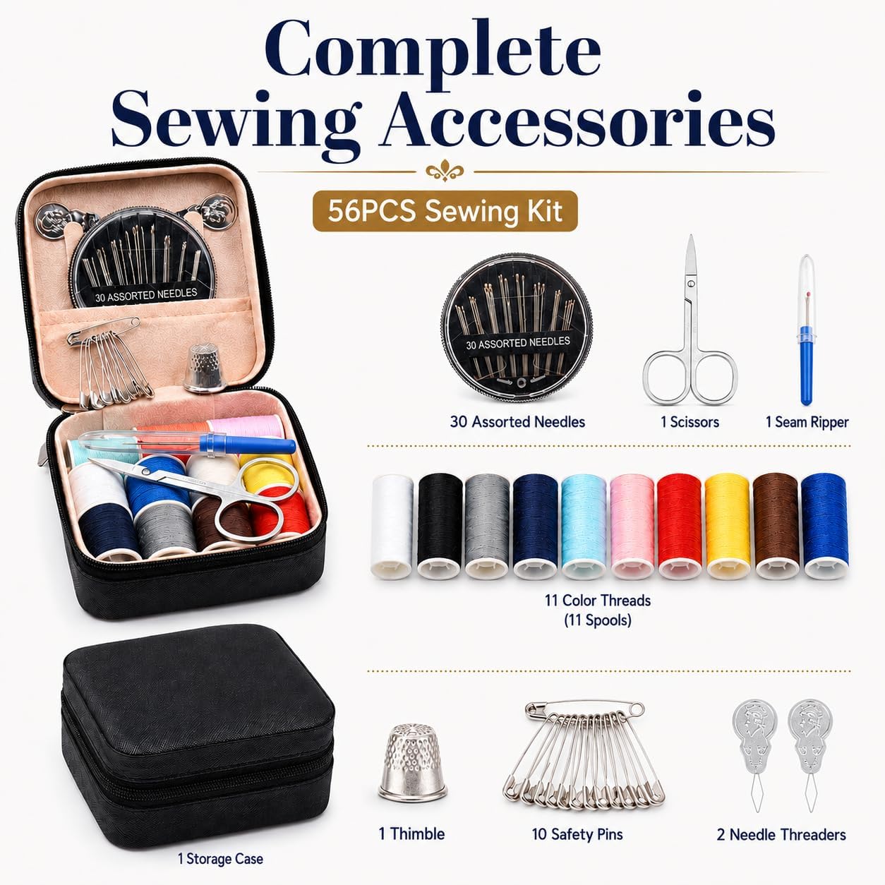 56-Piece Portable Travel Sewing Kit - Compact Emergency Sewing Kit Box with Zipper Fix Tools - Small Sewing Supplies and Accessories for Home Use & Quick Stitch Solutions