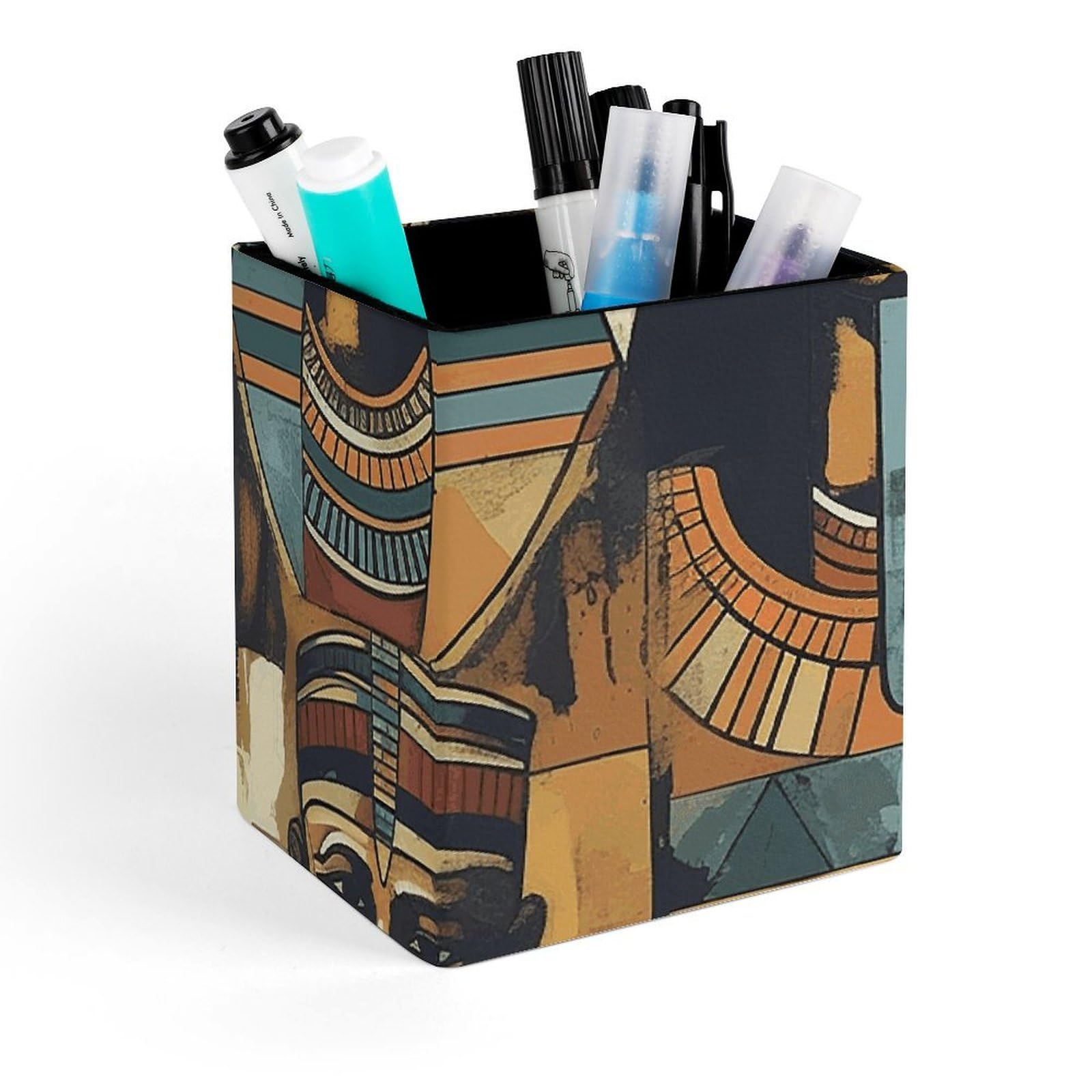 FekiLoot Ancient Egypt Tribe Series Pencil Holder Square Leather Pen Holder Cup Modern Multi-Functional Pencil Cup Holder Decorative Desk Organizer Caddy Makeup Brush Holders for Desk Office