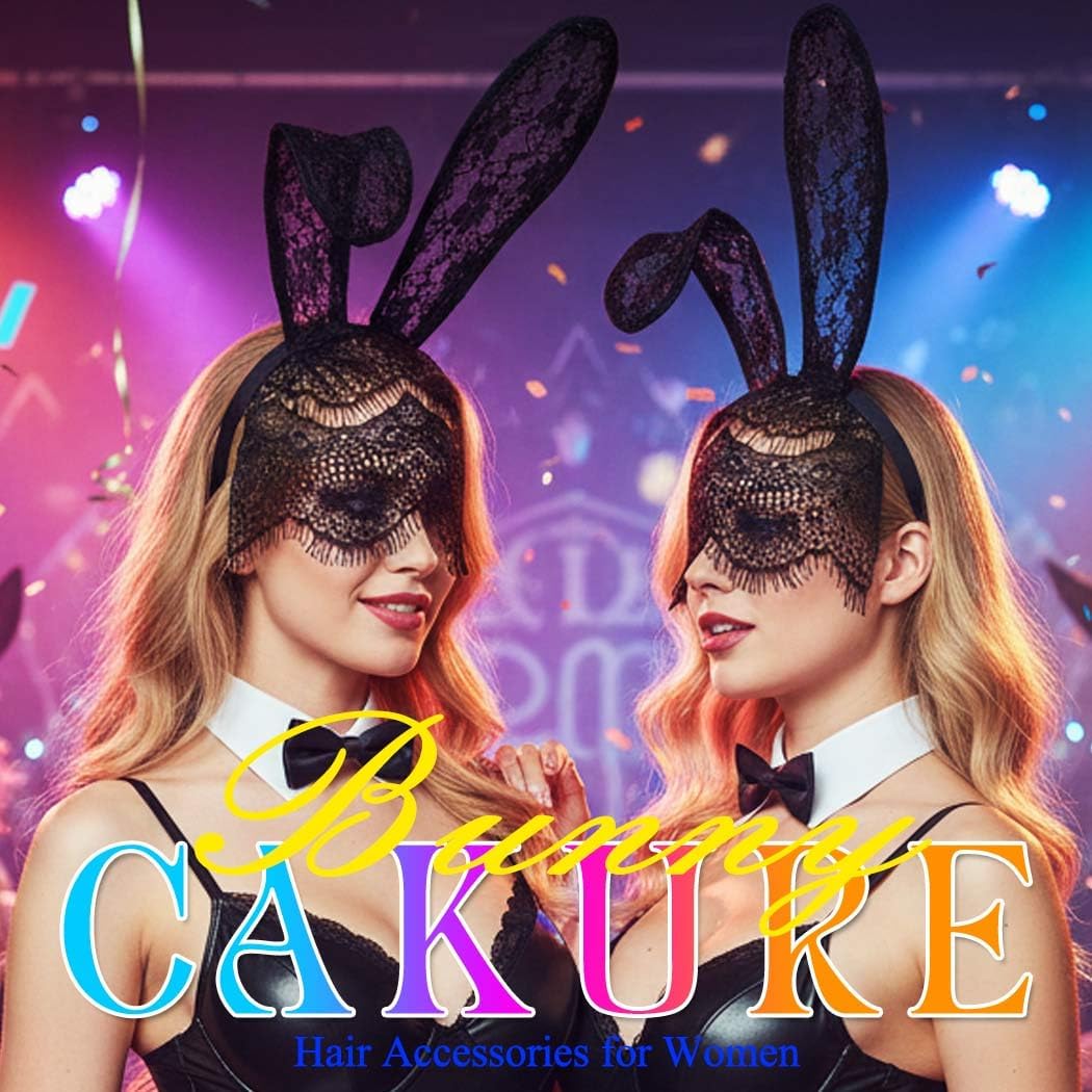 CAKURE Bunny Ears Headband Lace Black Bunny Mask Headbands Halloween Ears Masquerade Hair Accessories for Women - Image 6