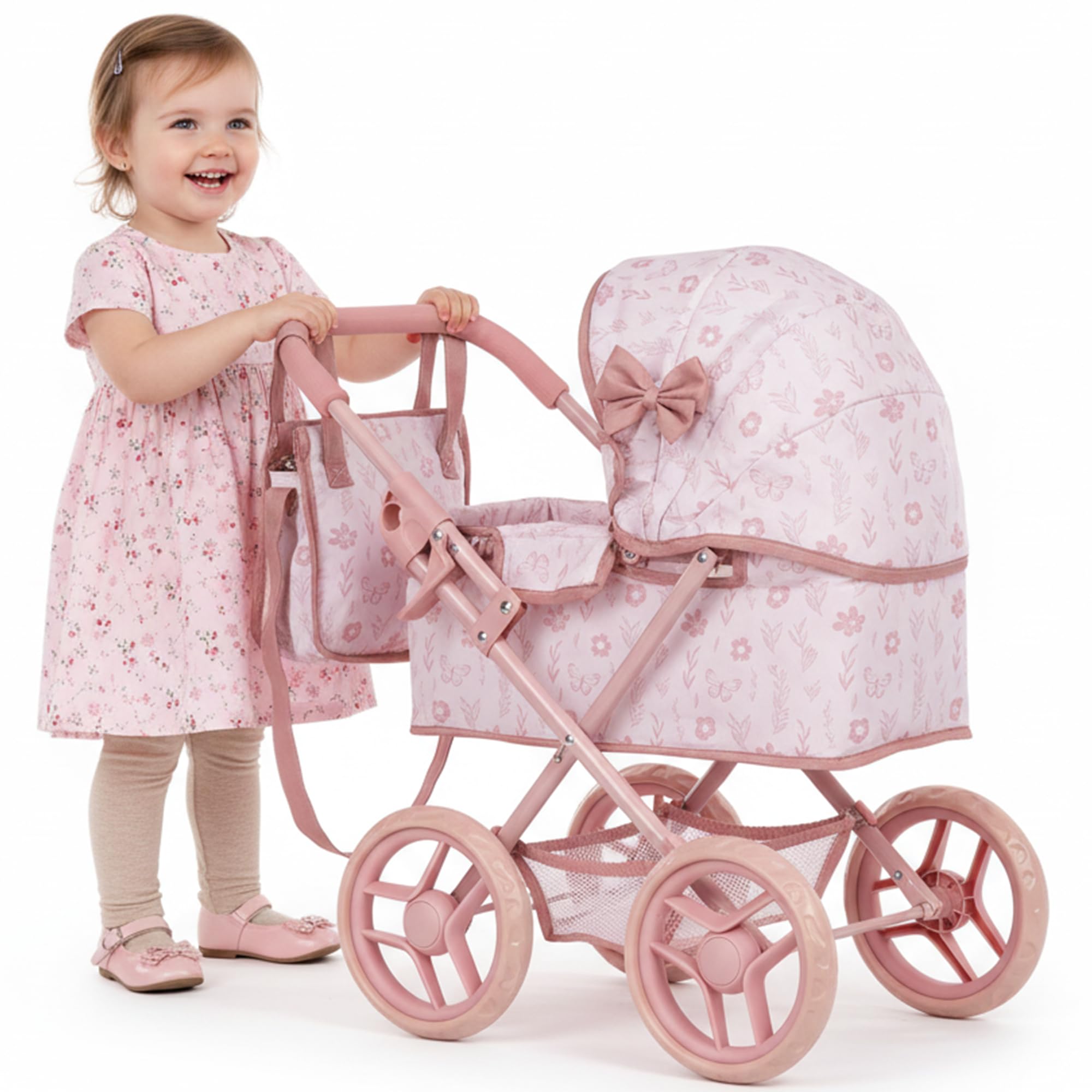 Kinderplay wózek dla lalek od 3 lat – Głęboka gondola z torbą i koszem – Lekka konstrukcja z cichymi piankowymi kołami – Wózek-zabawka dla lalek do 30 cm