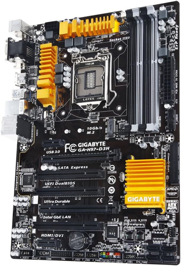 Angled view of the GIGABYTE GA-H97-D3H motherboard showing the CPU socket and heatsinks.
