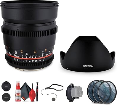 عدسة سينمائية Rokinon T2.2 مقاس 16 مم لكاميرا Nikon F مع مجموعة فلتر مكونة من 3 قطع وحزام يد ومجموعة تنظيف كاملة وحزمة عدسات سينمائية لحافظ الغطاء