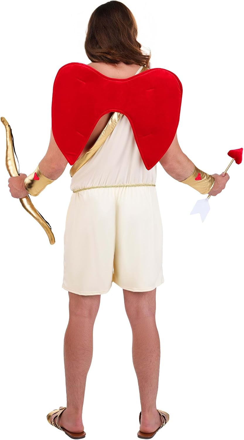 Adult Cupid Costume For Men | One-Shoulder Romper Outfit Includes Cupid Wings And A Plush Bow And Arrow Set