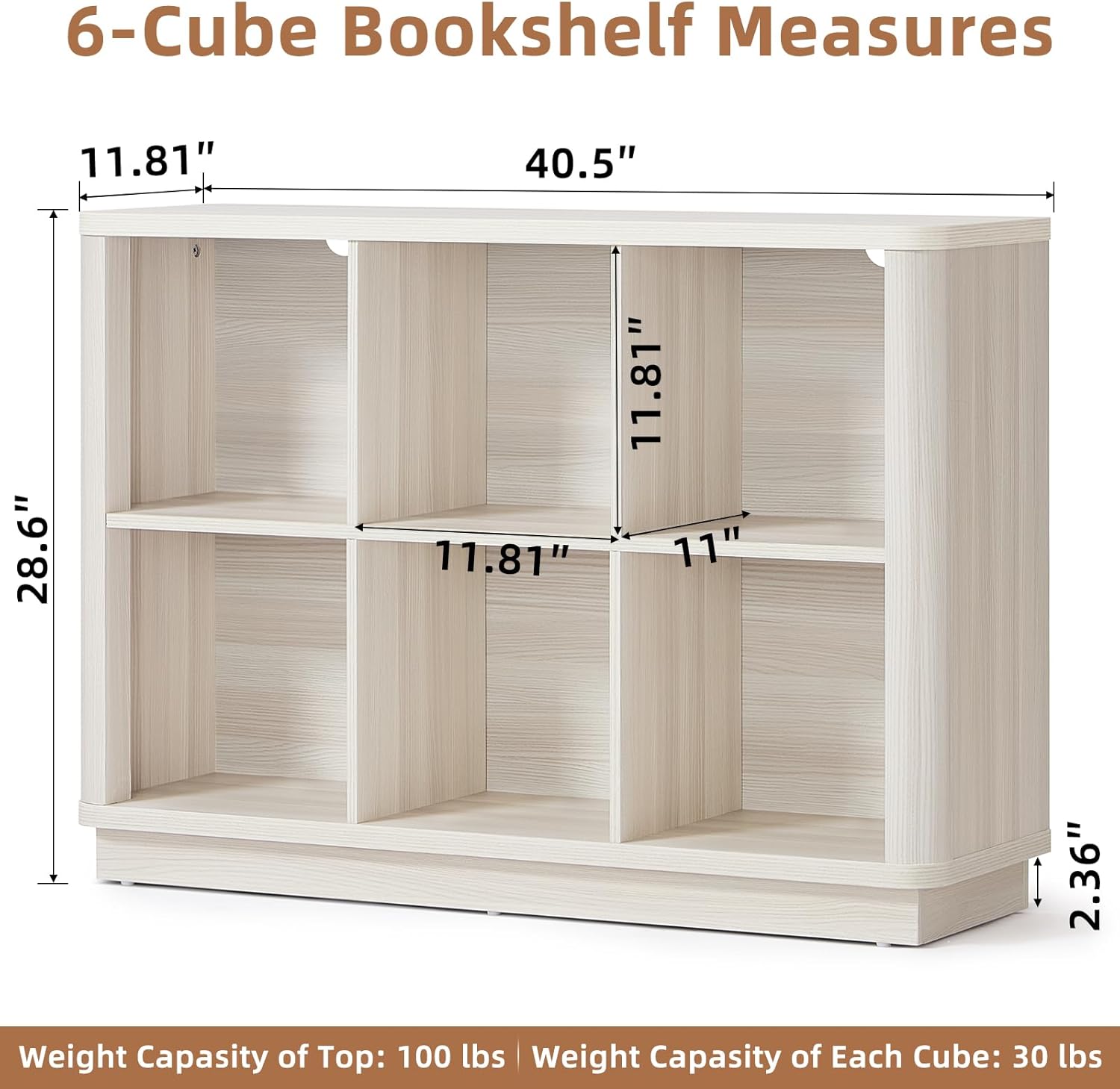 Joaxswe 6 Cube Bookcase, 40" Wide Horizontal 2-Tier Book Shelf w/Curved Edge, Wood Low Floor Standing Bookshelf with Base, Modern Short Storage Organizer for Living Room,Office, Gray-White Cream Oak