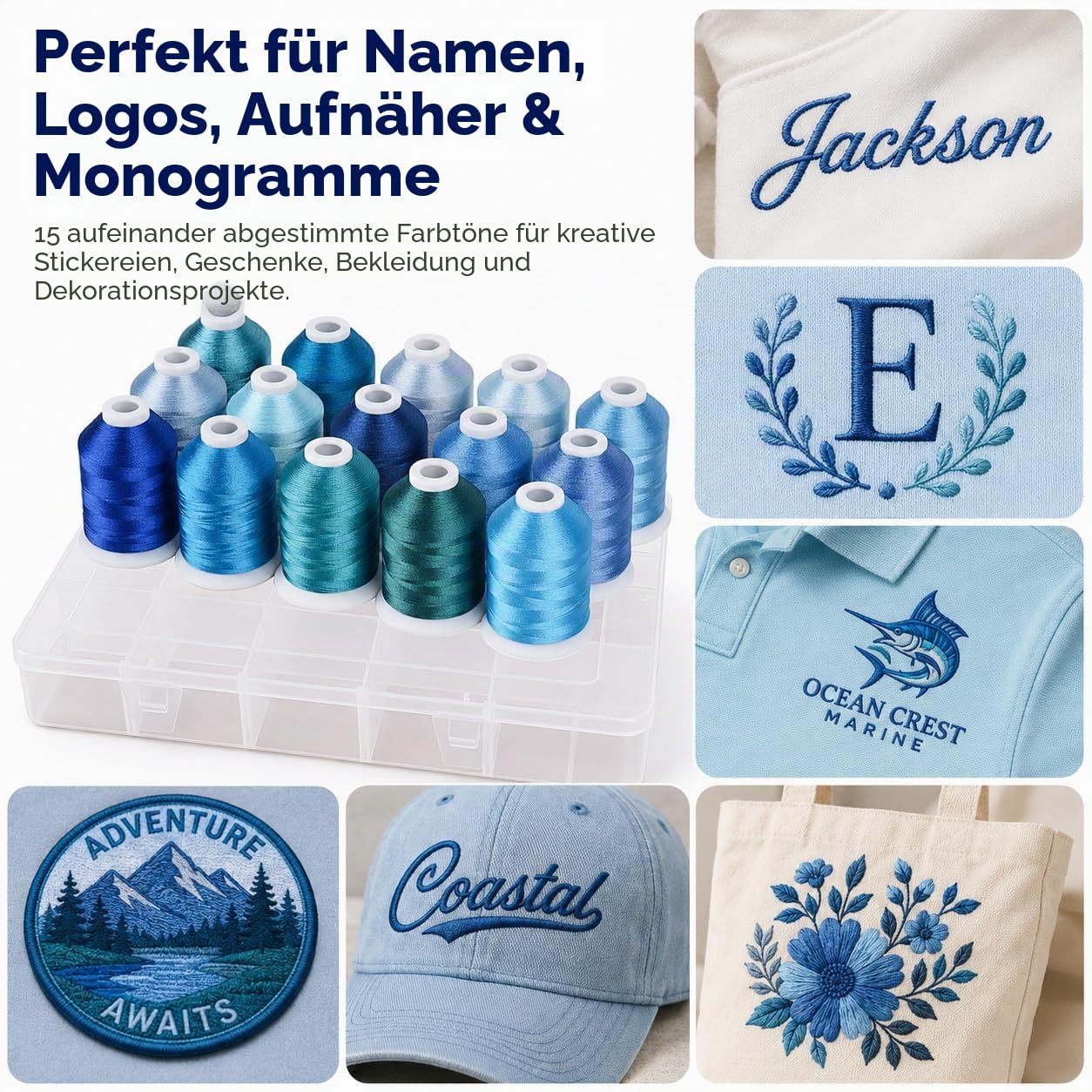 Simthread Maschinenstickgarn mit Aufbewahrungsbox, Polyester, 15 Spulen, Set für Stickerei, Nähmaschine (blau)