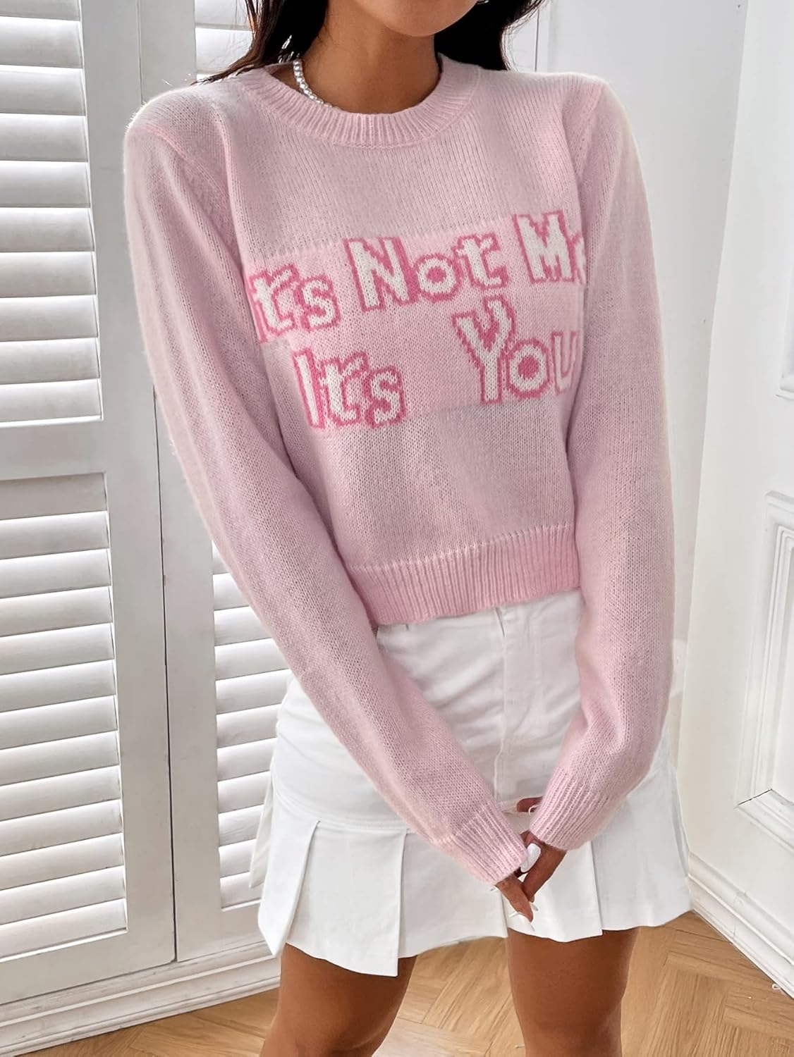 Women's Sweater Slogan Pattern Ribbed Knit Sweater Sweater for Women (Color : Baby Pink, Size : X-Large)