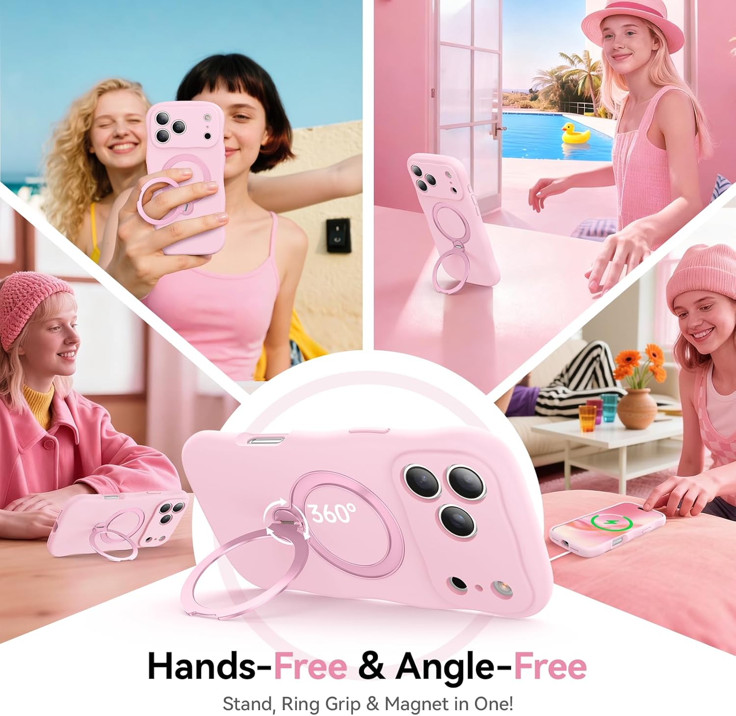 360 Spin Silicone Stand Cover for iPhone 17 Pro Case [Cute Wavy & Full Camera Protection] Fit for MagSafe Shockproof Women Girl Phone Case for iPhone 17 Pro 6.3", Chalk Pink - Image 2