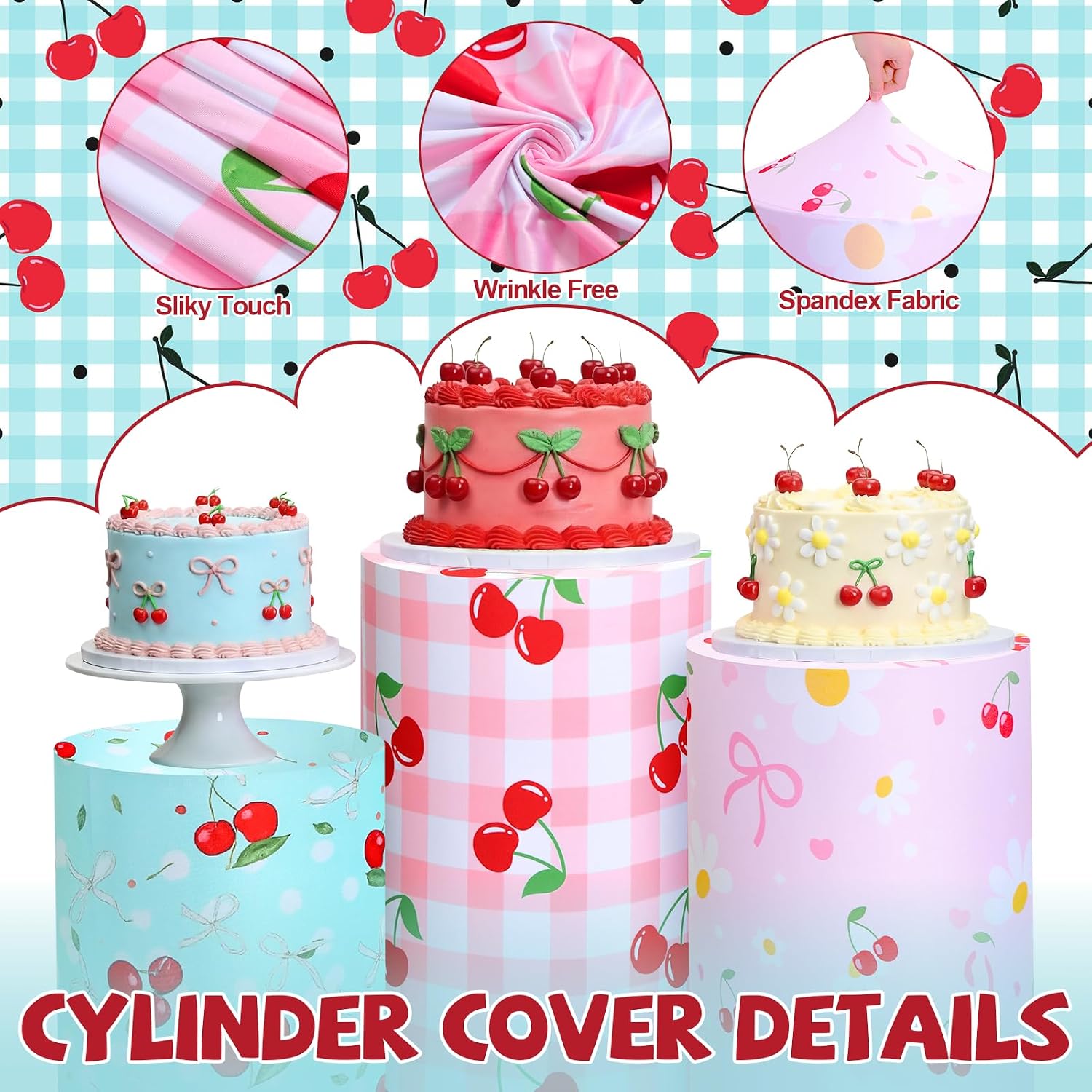 Mindsoft Set of 3 Cherry on Top Cylinder Stand Covers for Party, Cherry First Birthday Cylinder Pedestal Covers, Dessert Table Display for Party Wedding Baby Shower Backdrop Decor image 4